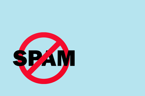 2 Red prohibition symbol overlaying the word "SPAM" on a light blue background, highlighting the importance of keeping WordPress secure by updating PHP.