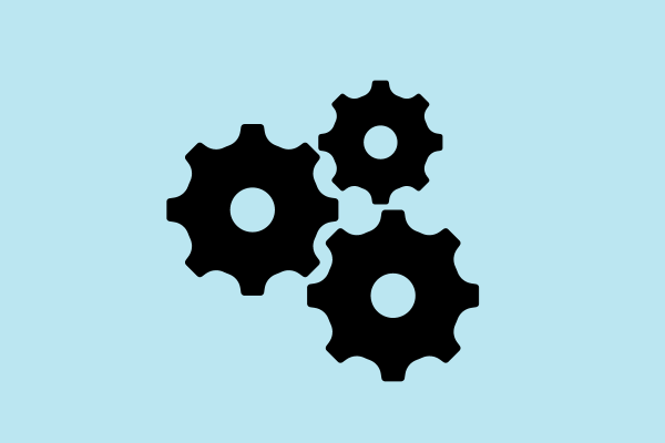 7 Three black gear icons interlocked on a light blue background, symbolizing a secure WordPress environment.