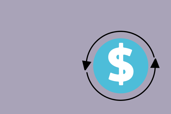8 A dollar sign inside a blue circle, surrounded by a black circular arrow pointing clockwise, all set against a light purple background symbolizes the importance of regularly updating PHP for a secure WordPress site.