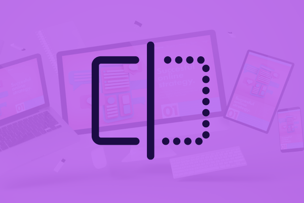 Before – After A purple background with an abstract logo in the center, resembling an open book formed by a solid line and a dotted line. Behind the logo are blurred images of various digital devices displaying graphs.